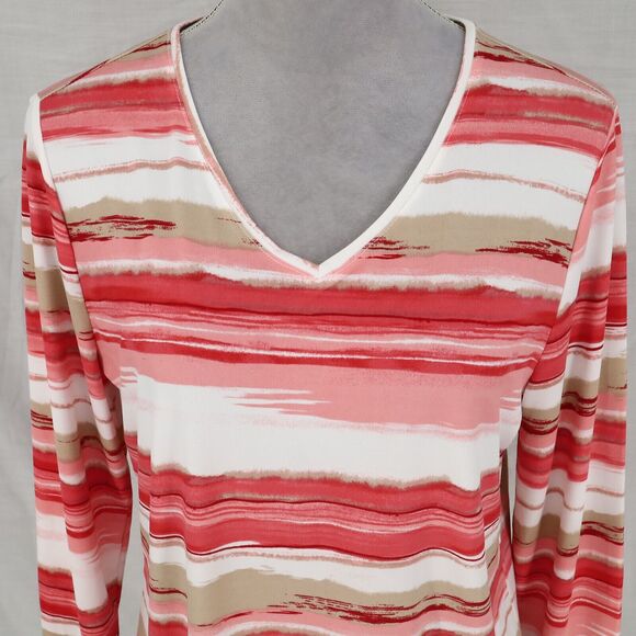 Chicos Easywear Top 1 Womens Medium Red Pink Beige Stripe Blouse Stretch Knit - Picture 7 of 11